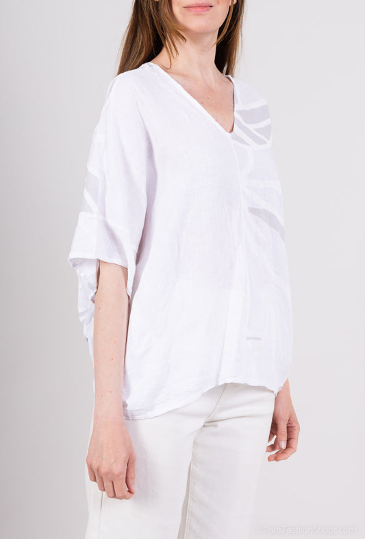 T-Shirt Manche Chauve Souris Col V à Motif Fleurs 100% Lin