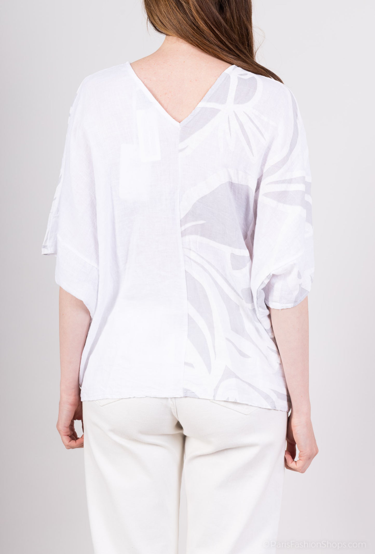 T-Shirt Manche Chauve Souris Col V à Motif Fleurs 100% Lin