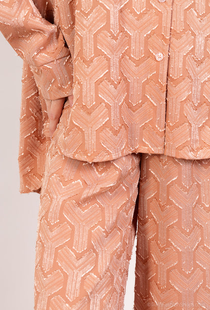 Ensemble Chemisier Pantalon Motif Géométrique Brillant