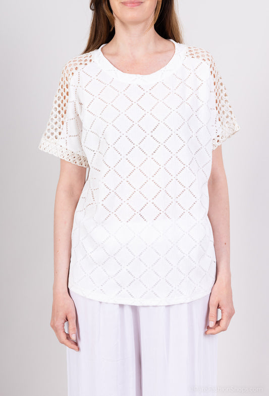 T-Shirt Bi-Matière Maille Brillante Large Tissu Ajouré Carreaux