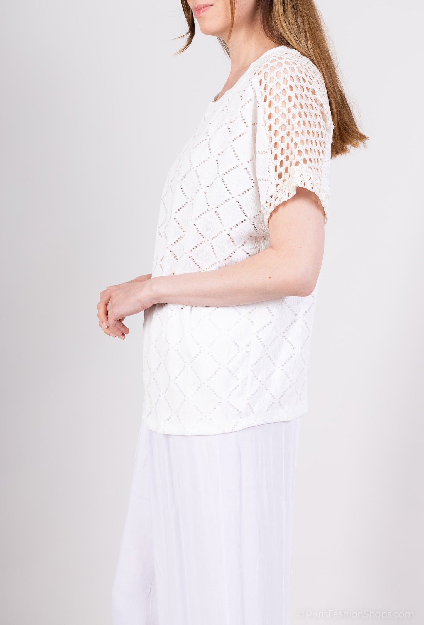 T-Shirt Bi-Matière Maille Brillante Large Tissu Ajouré Carreaux