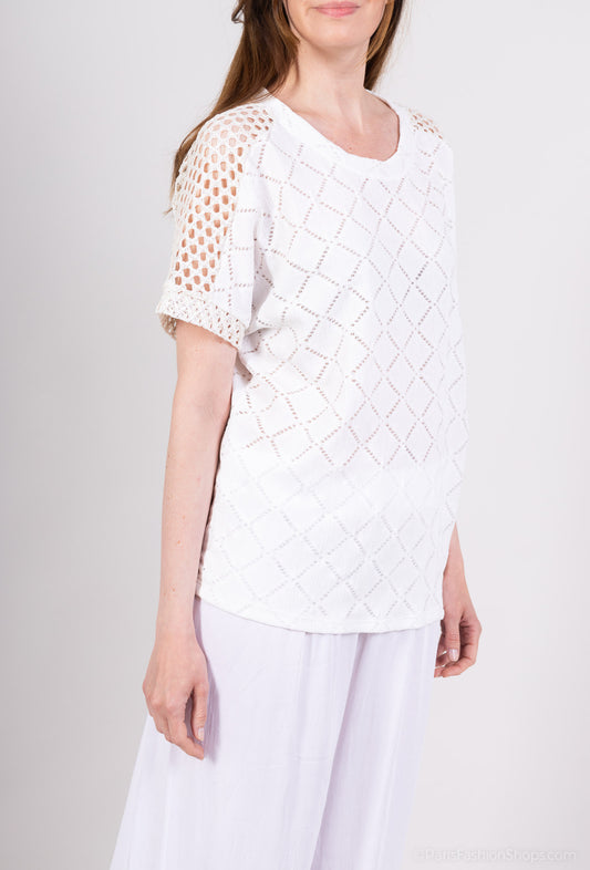 T-Shirt Bi-Matière Maille Brillante Large Tissu Ajouré Carreaux