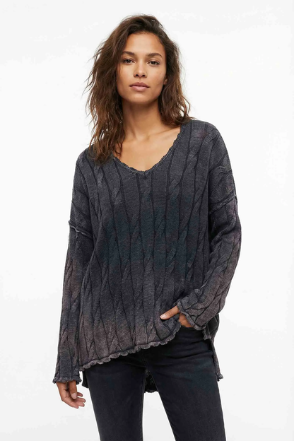 Pull Large Col V Motif Torsadé Délavé 100% Coton