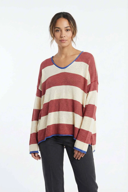 Pull Maille Large Motif Rayé Bicolore Délavé 100% Coton