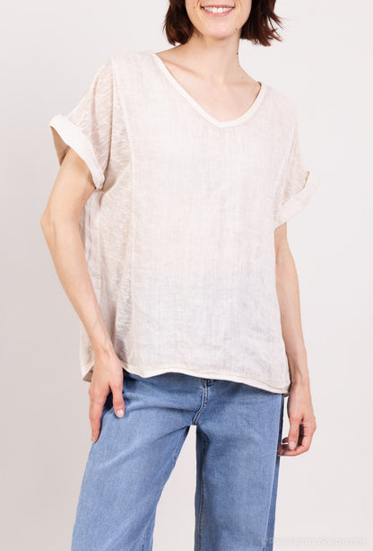T-Shirt Manche Courte à Ourlet Chiné 100% Lin