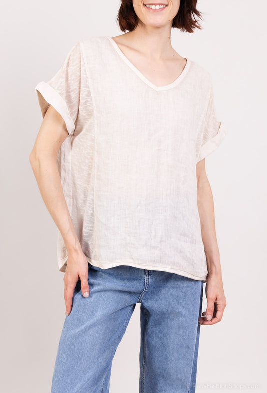 T-Shirt Manche Courte à Ourlet Chiné 100% Lin
