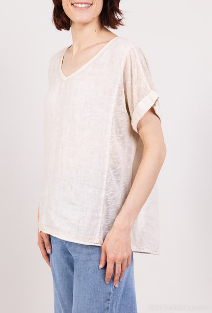 T-Shirt Manche Courte à Ourlet Chiné 100% Lin