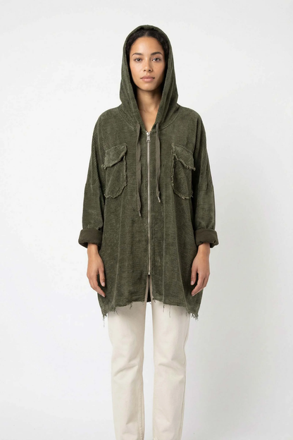 Large Zip-Up Hoodie with Distressed Effect and Pleated Velvet