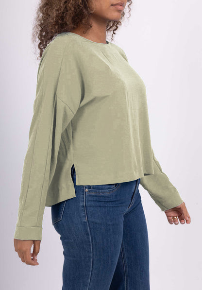 T-Shirt Manche Longue Cropped Fente Col Dos Goutte D'Eau