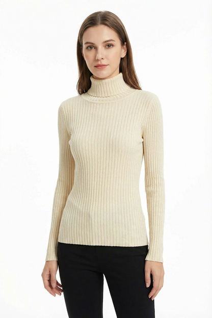 Pull Fit Col Roulé Côtelé à Lurex Avec Laine