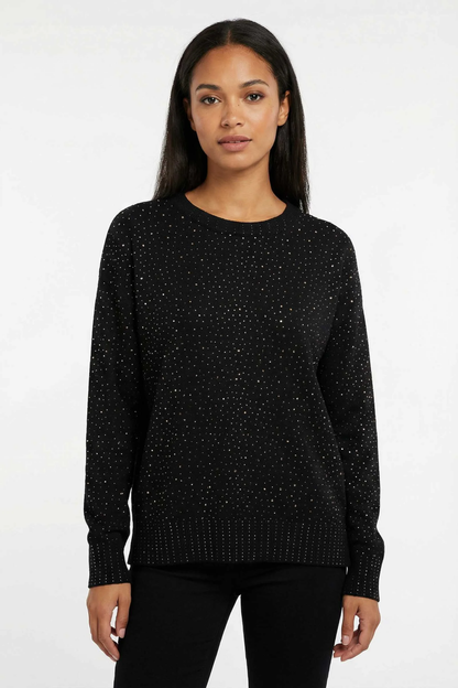 Pull Col Rond Bords-Côtes à Motif Pois Strass Argenté