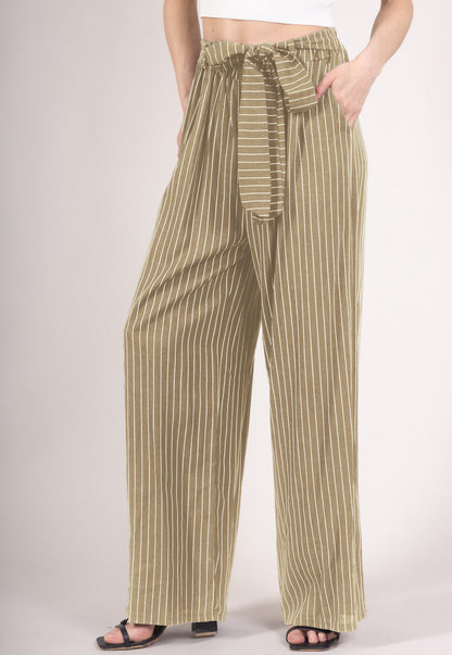 Pantalon Jupe Large Rayé à Ceinture Textile