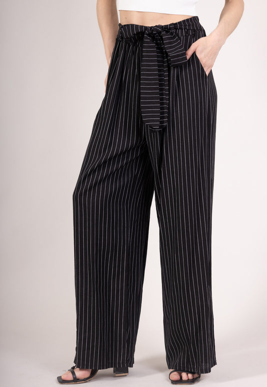 Pantalon Jupe Large Rayé à Ceinture Textile