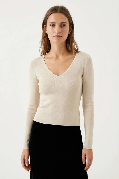 Pull Maille Fine Col V Côtelé Avec Laine Nylon