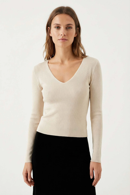 Pull Maille Fine Col V Côtelé Avec Laine Nylon