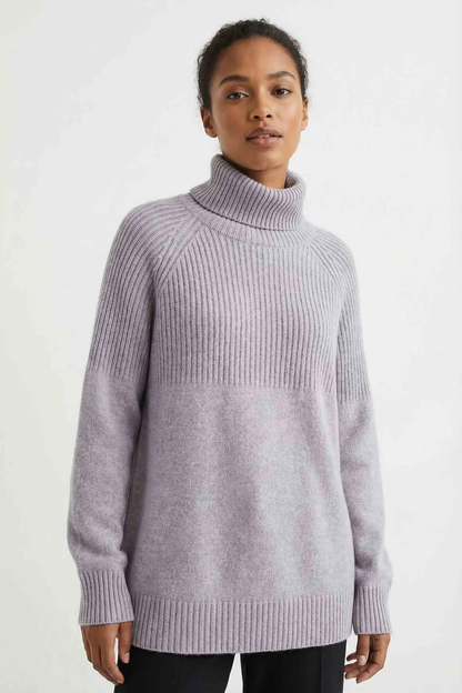 Pull Large Col Roulé Semi-Côtelé Bords-Côtes