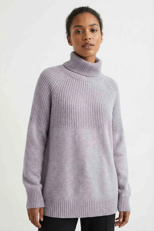 Pull Large Col Roulé Semi-Côtelé Bords-Côtes