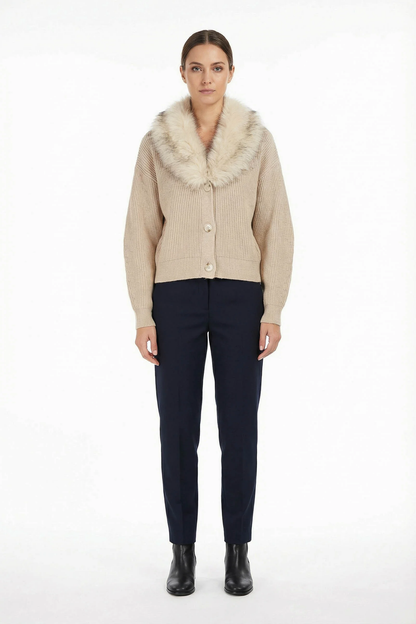 Pull Cardigan Côtelé à Col Fausse Fourrure Amovible