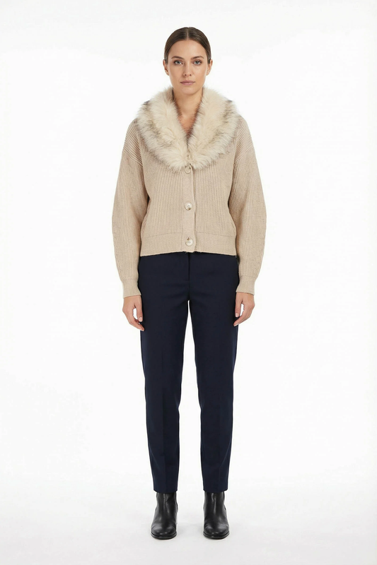 Pull Cardigan Côtelé à Col Fausse Fourrure Amovible