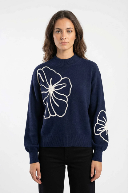 Pull à Manches Ballons Bords-Côtes Motif Floral Brodé