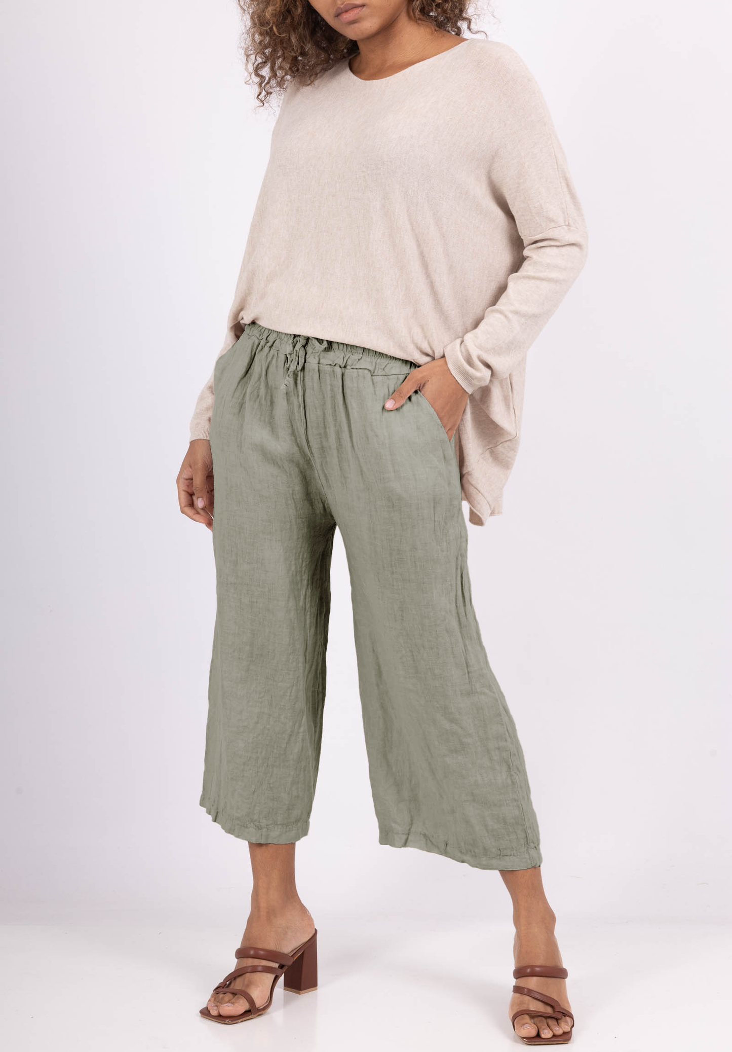 Pantalon Capri Léger à Cordon 100% Lin