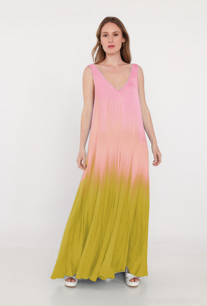 Robe Longue Col V Dégradé Bicolore