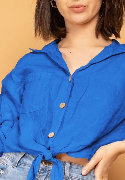 Chemise 100% Lin Cropped Noeud Manches 3/4