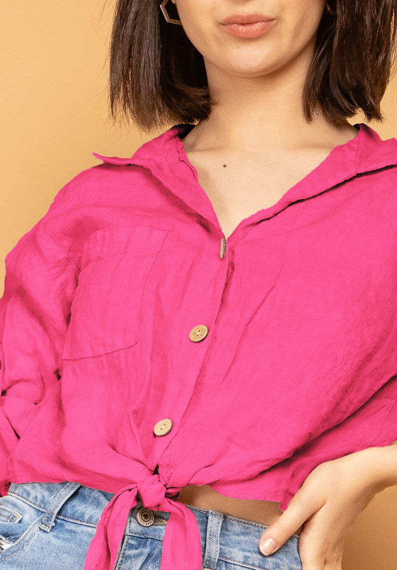 Chemise 100% Lin Cropped Noeud Manches 3/4