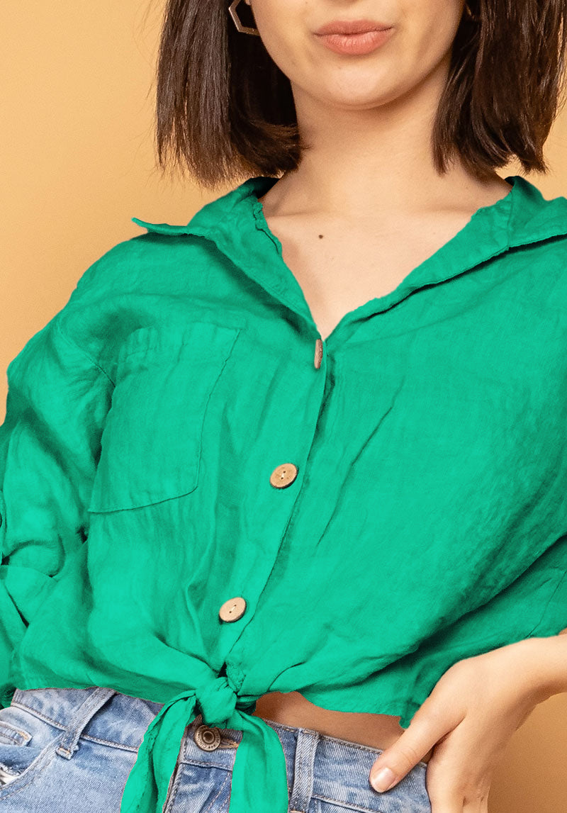 Chemise 100% Lin Cropped Noeud Manches 3/4