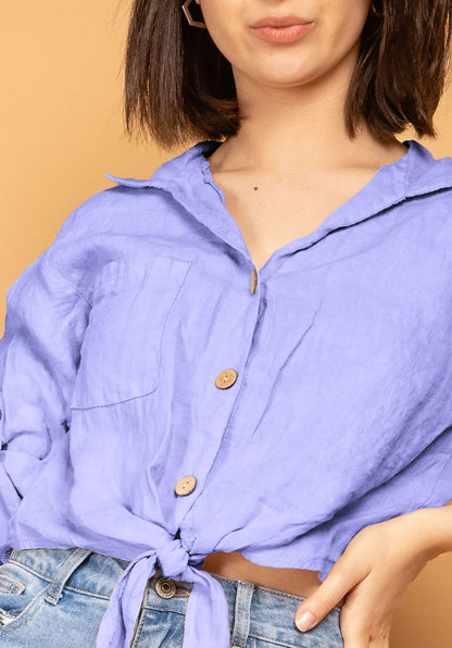 Chemise 100% Lin Cropped Noeud Manches 3/4