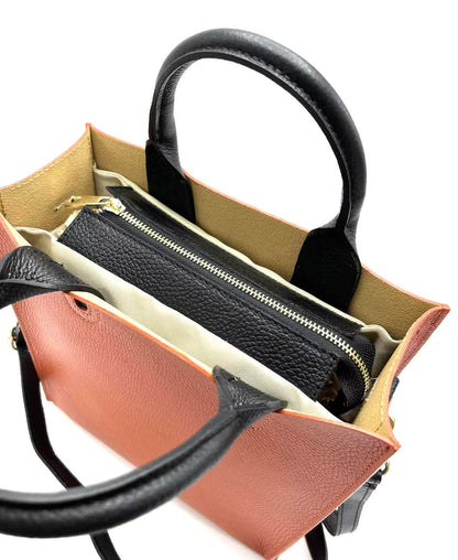 Sac Cabas Bicolore Cuir Grainé Rigide Bandoulière Détachable Ajustable