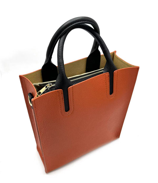 Sac Cabas Bicolore Cuir Grainé Rigide Bandoulière Détachable Ajustable