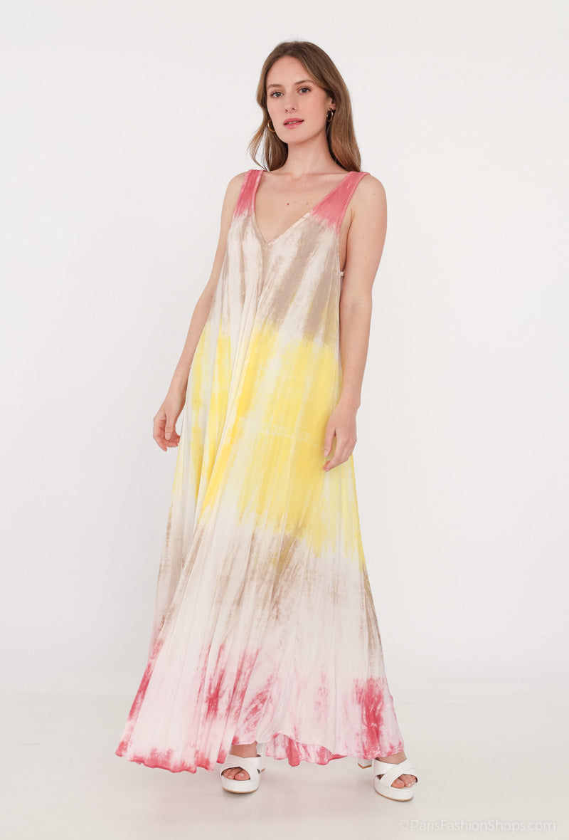 Robe Longue Tie & Dye Tricolore Bretelles Large Col V