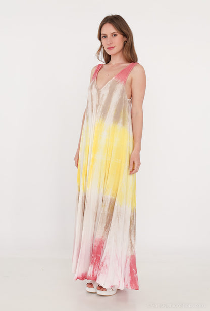 Robe Longue Tie & Dye Tricolore Bretelles Large Col V