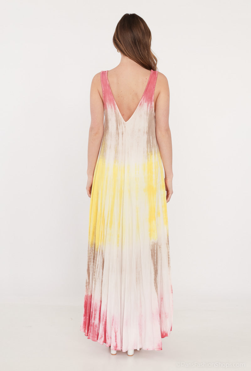 Robe Longue Tie & Dye Tricolore Bretelles Large Col V