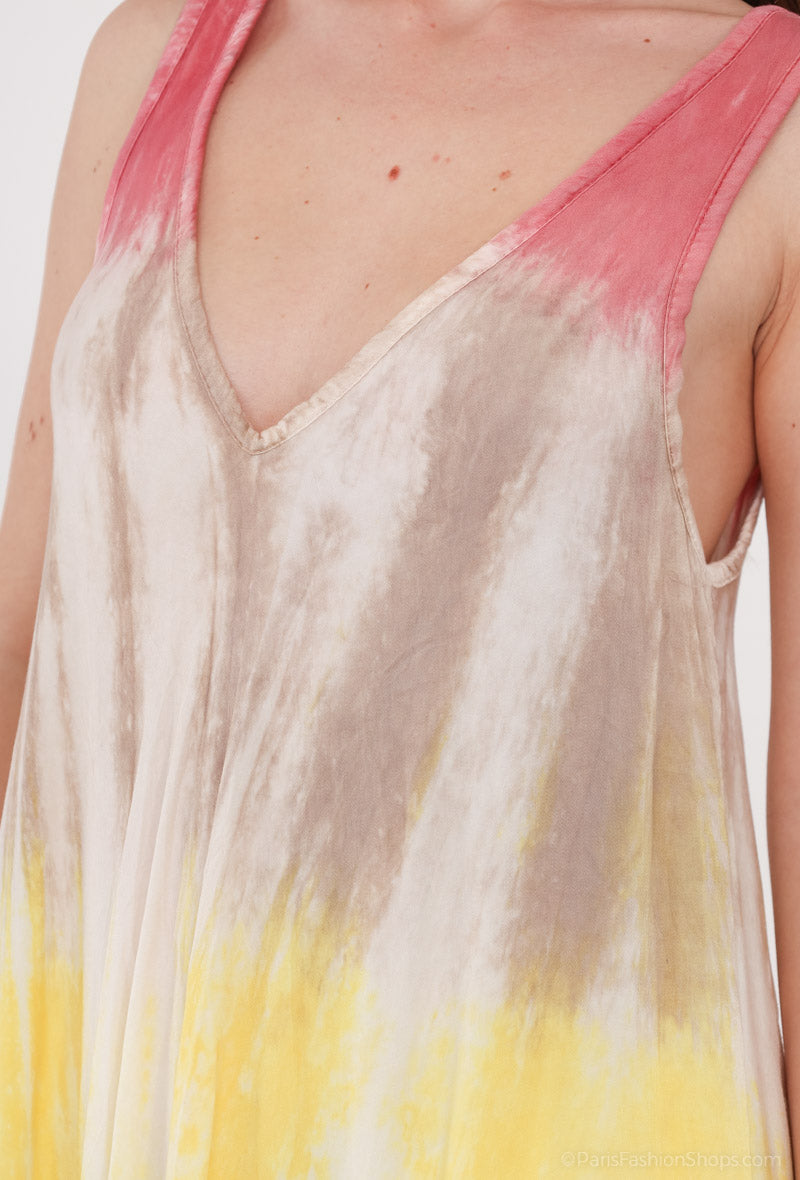 Robe Longue Tie & Dye Tricolore Bretelles Large Col V