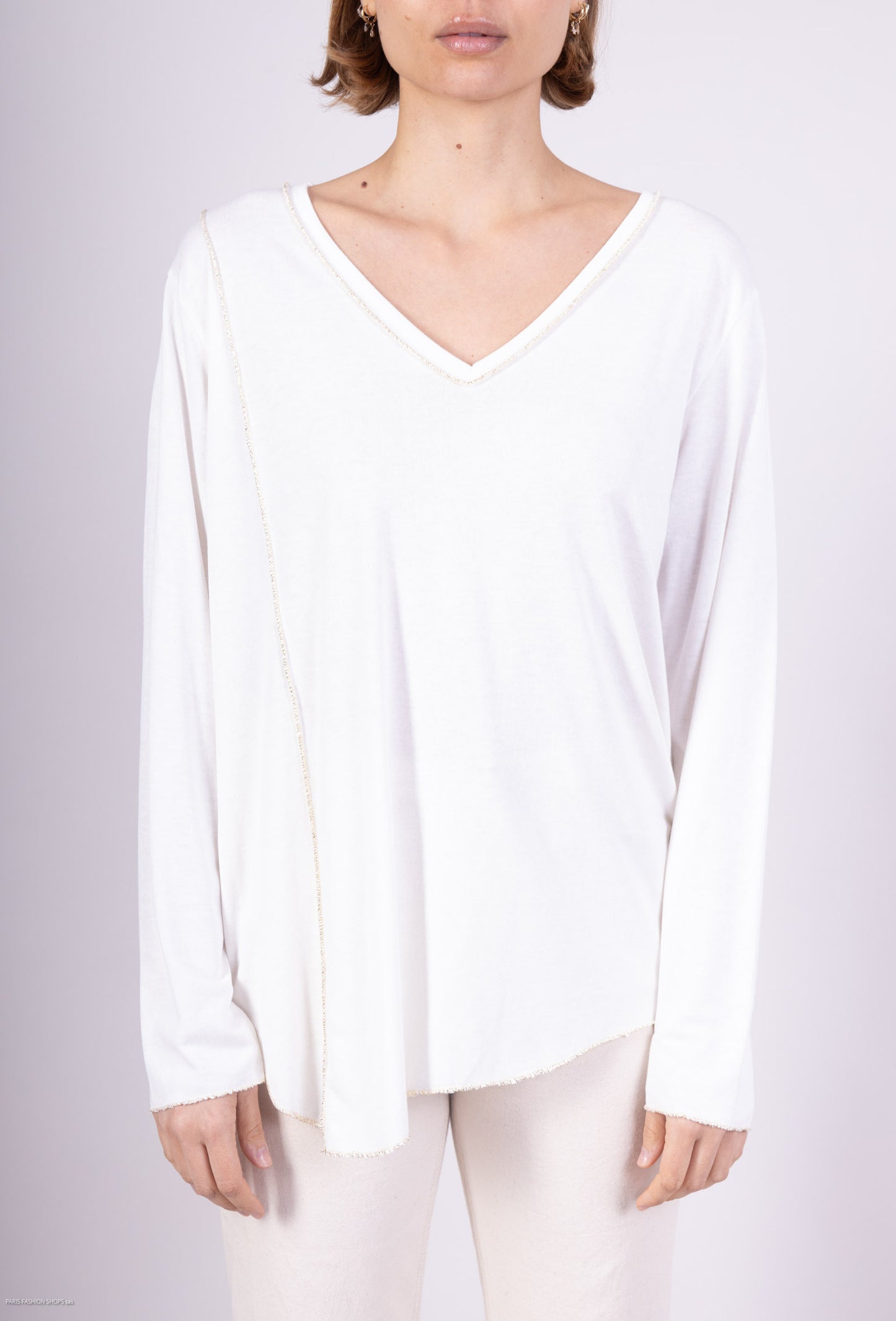 T-Shirt Col V Manches Longue Fil d'Or Asymétrique