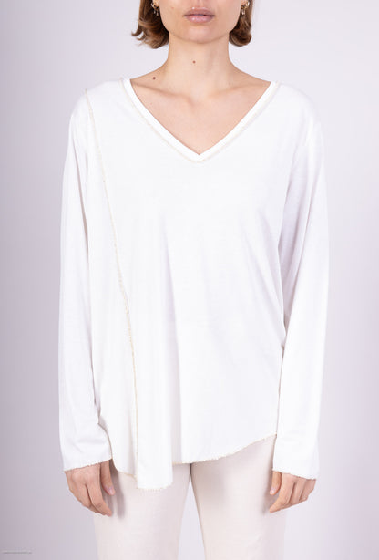 T-Shirt Col V Manches Longue Fil d'Or Asymétrique