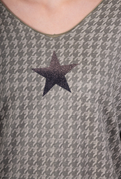 T-Shirt Col Rond Motif Pied De Poule Imprimé Étoile