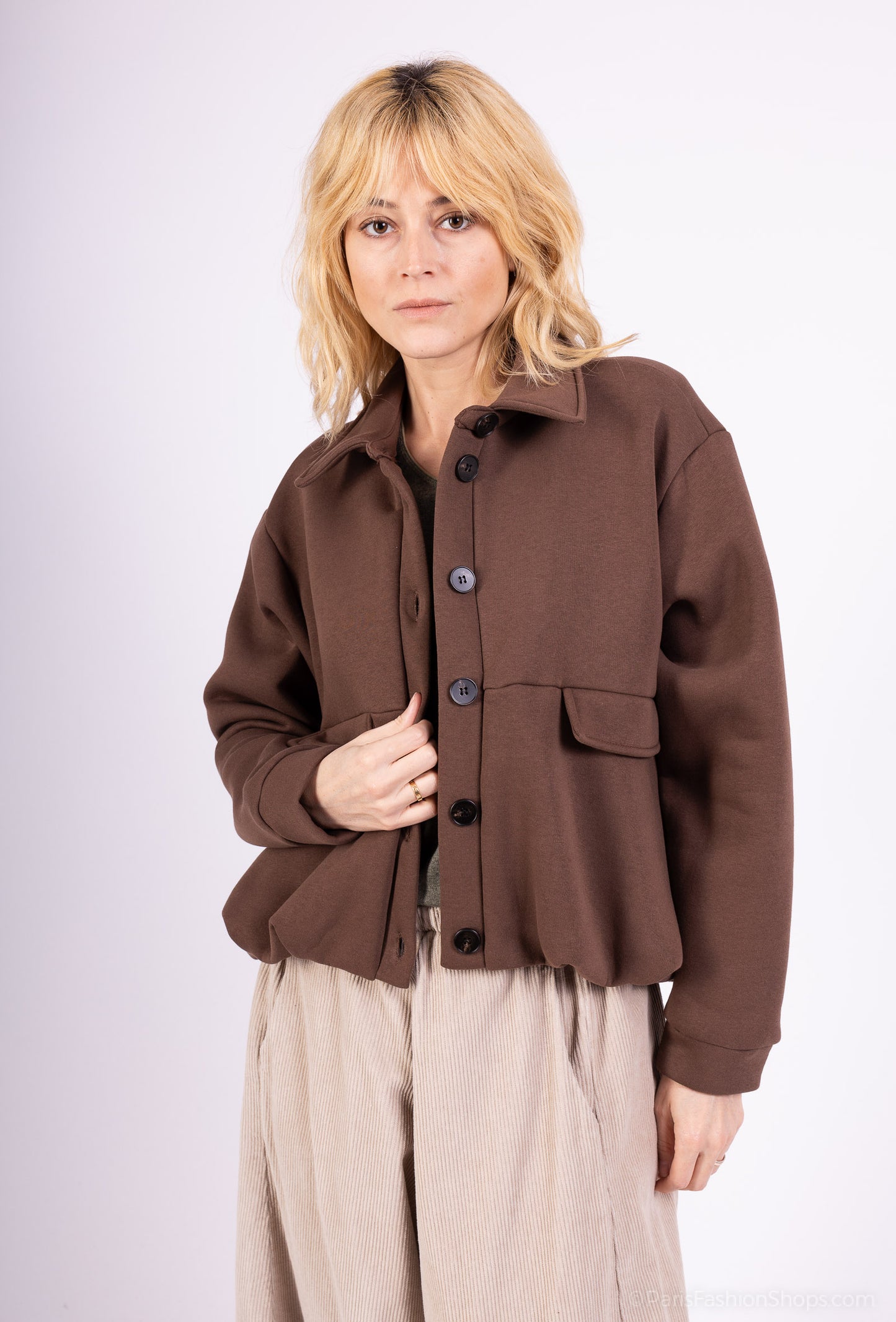 Veste Coupe Ballon Cropped Col Chemise Boutonné 65% Coton