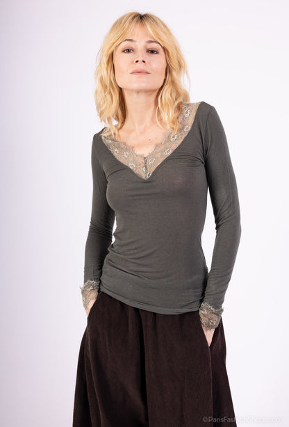 T-Shirt Léger Col V Manches Longue Dentelles 15% Cachemire