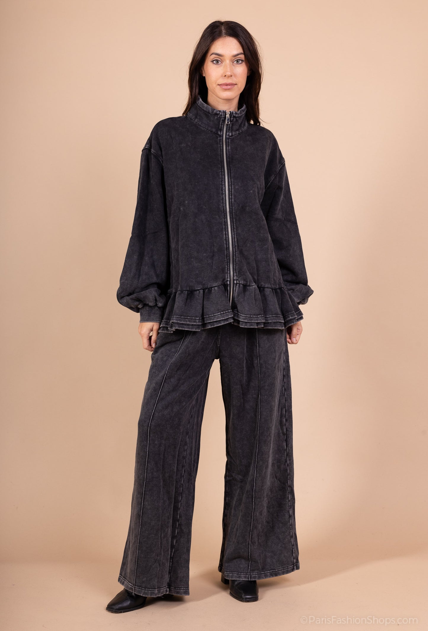 Veste Zippée Col Montant Effet Délavé Volants Bas 100% Coton