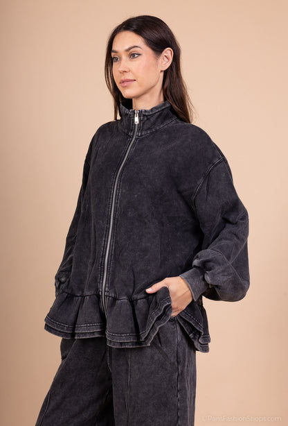 Veste Zippée Col Montant Effet Délavé Volants Bas 100% Coton