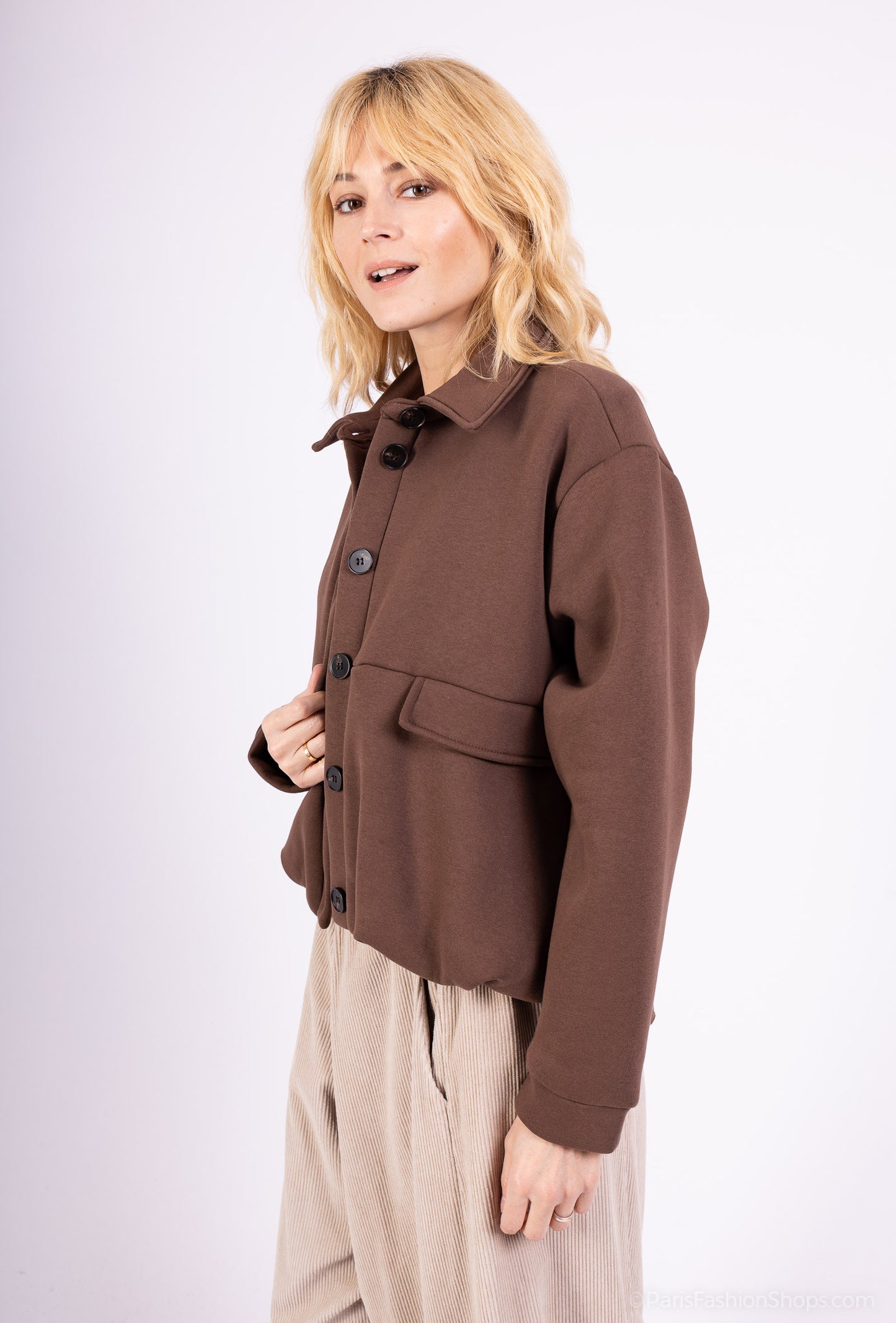 Veste Coupe Ballon Cropped Col Chemise Boutonné 65% Coton