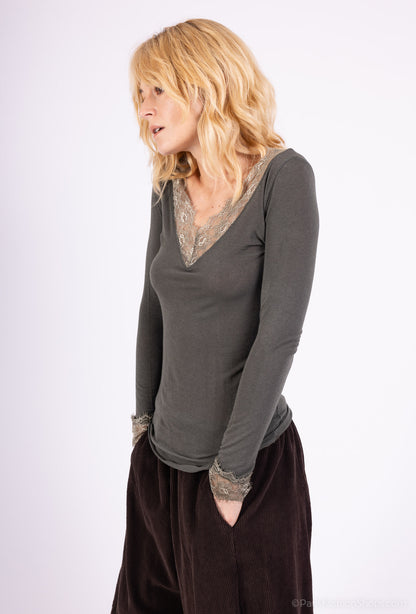 T-Shirt Léger Col V Manches Longue Dentelles 15% Cachemire