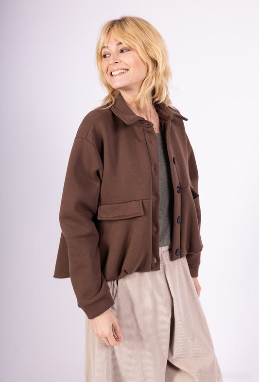 Veste Coupe Ballon Cropped Col Chemise Boutonné 65% Coton