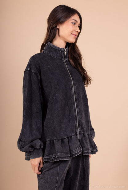 Veste Zippée Col Montant Effet Délavé Volants Bas 100% Coton