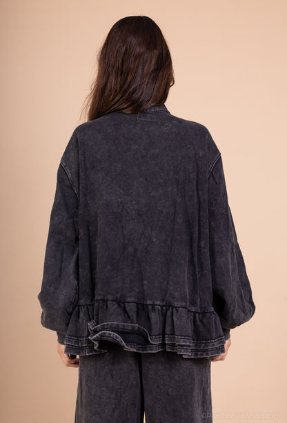 Veste Zippée Col Montant Effet Délavé Volants Bas 100% Coton