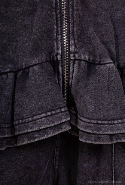 Veste Zippée Col Montant Effet Délavé Volants Bas 100% Coton