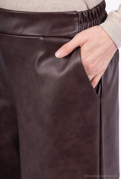 Pantalon-Jupe Large Simili Cuir Taille Élastique À Poches